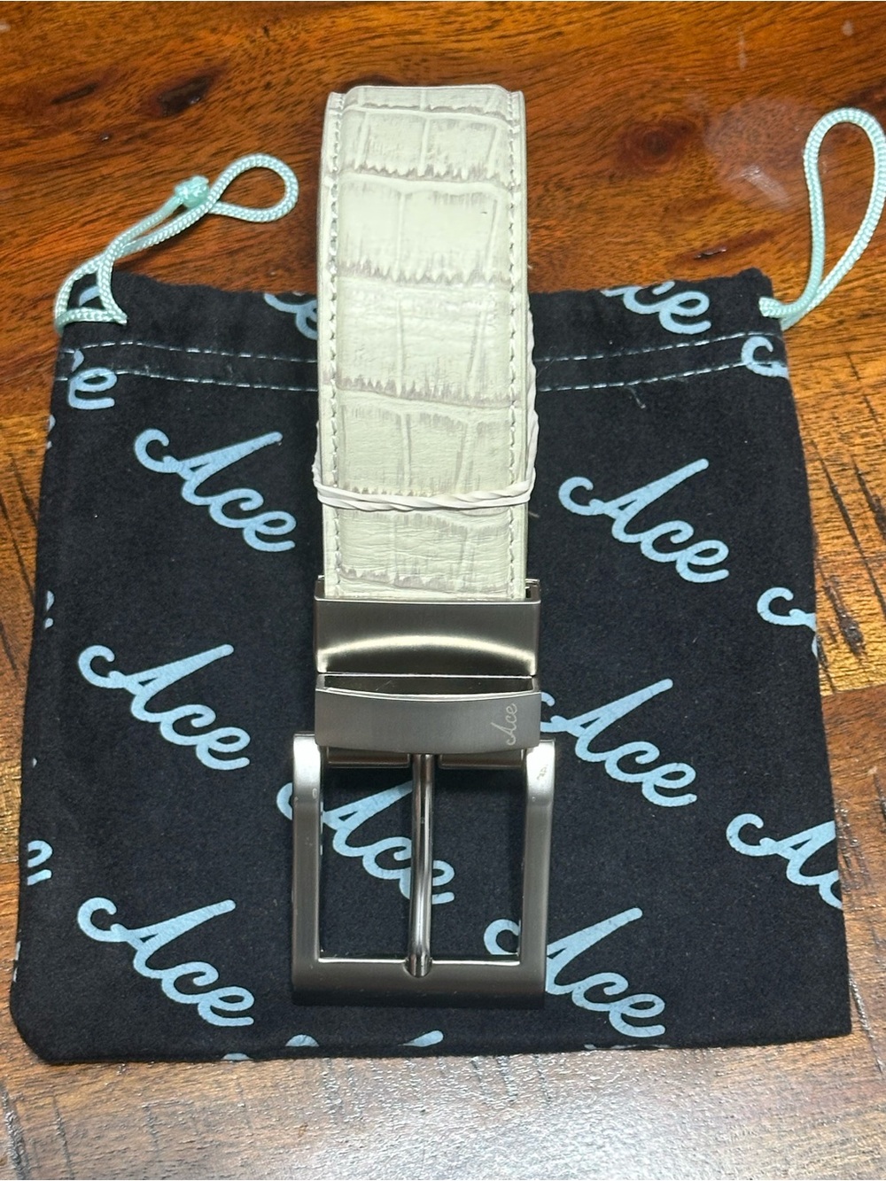 Ace Men’s Cream Croc-Embossed Leather Golf Belt with Brushed Metal Buckle